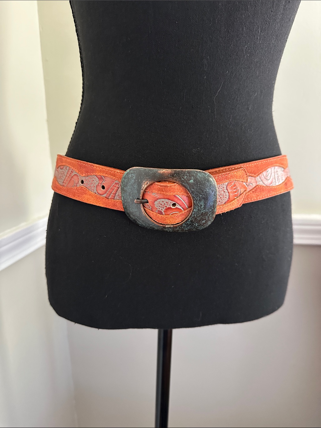 Tooled Leather Belt With Antique Made In Italy Metal Buckle